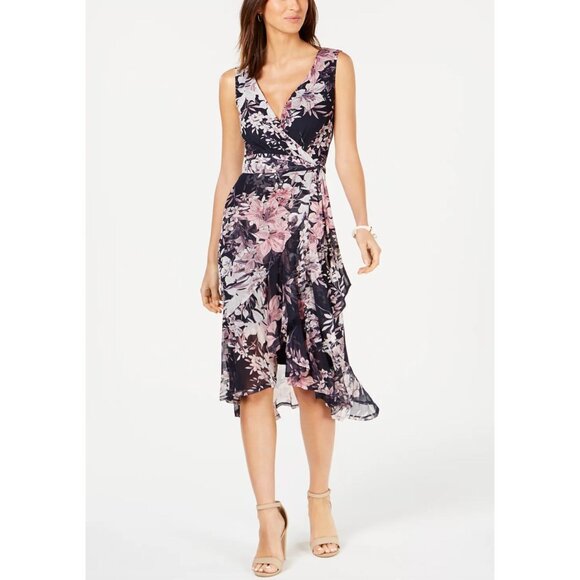Connected Navy Blue Floral Print Mesh High-Low Ruffled Midi Dress w/Tie Size 16 - Picture 2 of 7